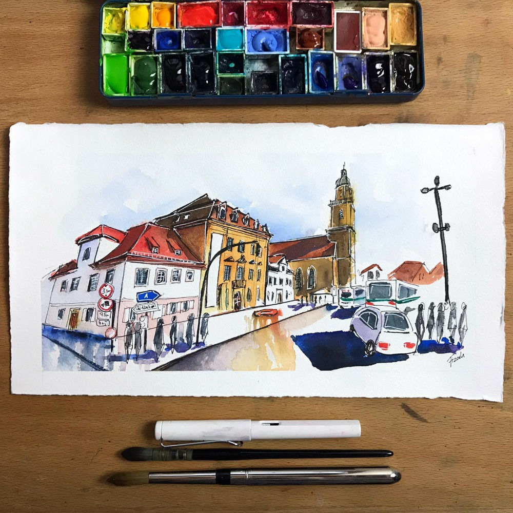 Original watercolor artwork of Martin-Luther-Platz Erlangen painted on location