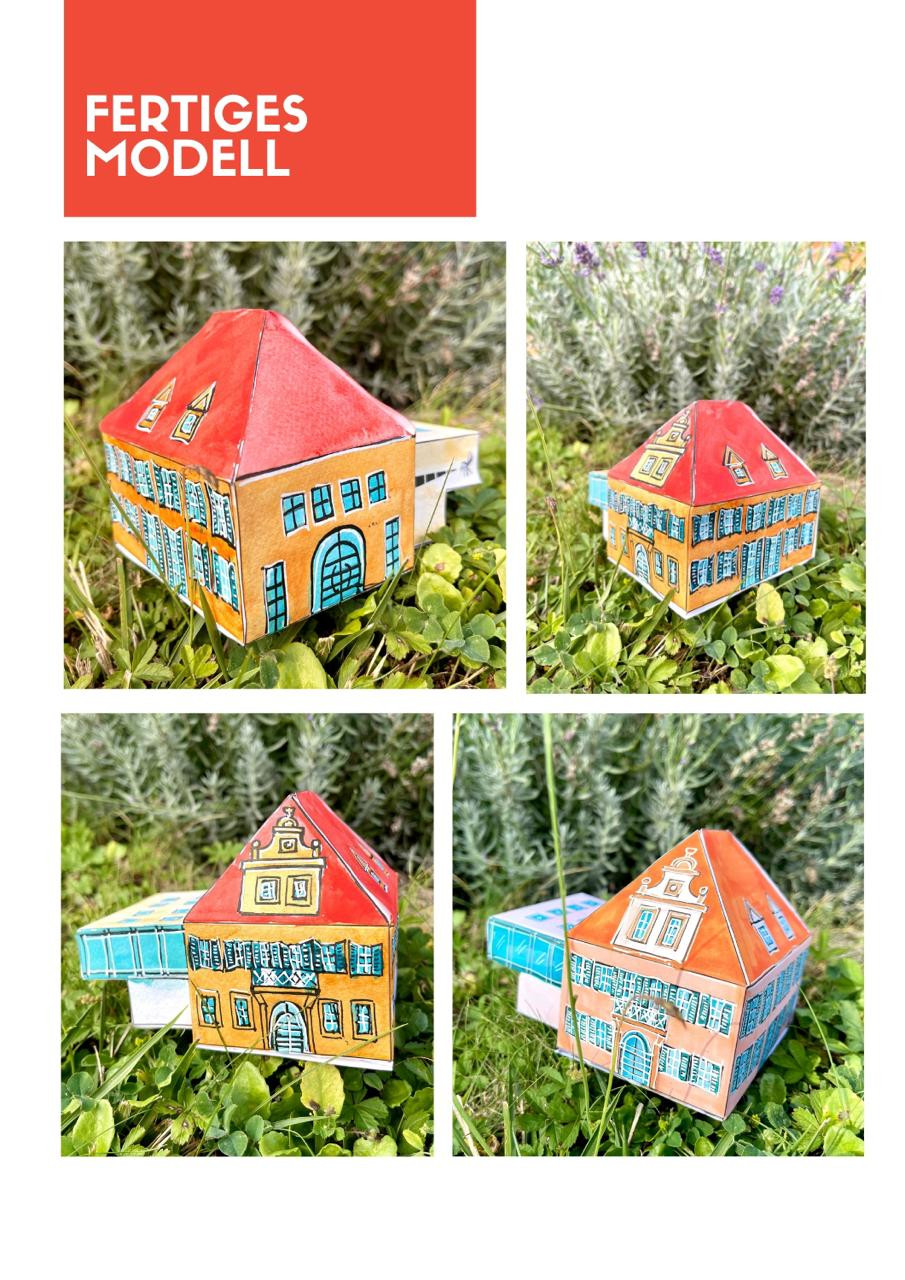 Miniature paper model of Kunstmuseum Erlangen featuring detailed line work and vibrant colors, designed for the Jubeljahre exhibition.