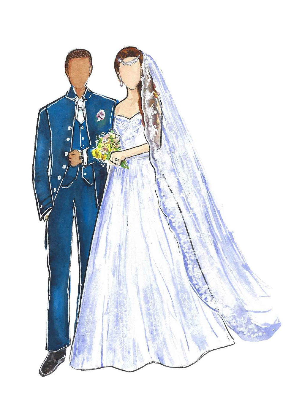 Bride and groom watercolor portrait by live wedding painter in Bavaria Germany