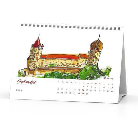 Calendar page showing Urban sketch in watercolor and ink of Coburg Veste in Bavaria