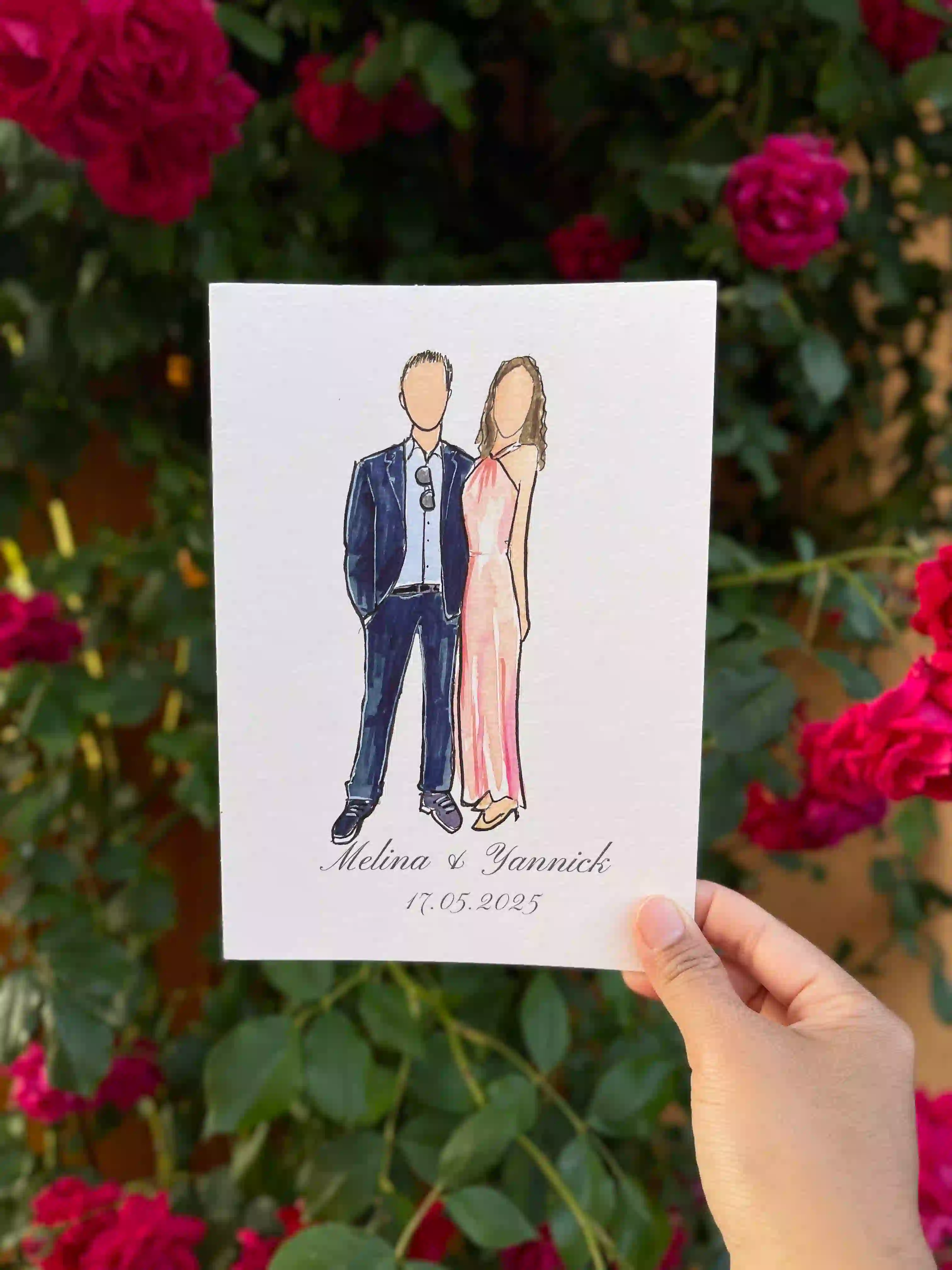 Each guest received a live watercolor sketch — turning every smile and outfit into a piece of art.