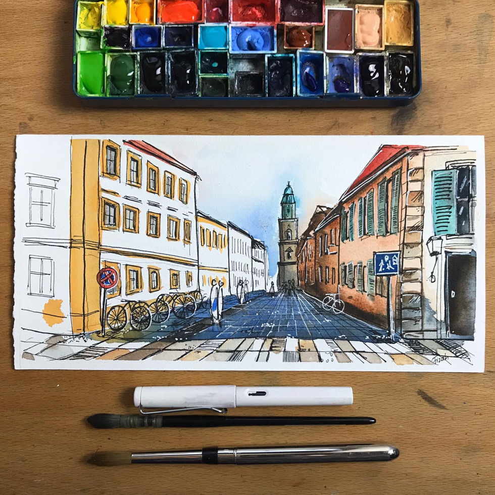 Urban sketch of a quiet street in Erlangen, capturing the peaceful and reflective atmosphere of urban life during a moment of stillness