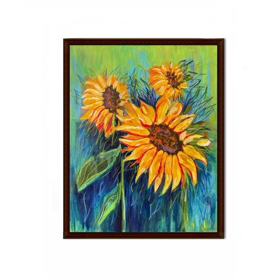 Bright acrylic painting of three sunflowers symbolizing the healing journey of postpartum recovery and resilience in motherhood.
