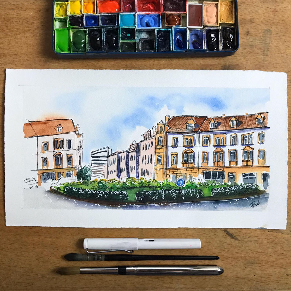 Urban sketch of Luitpoldplatz Erlangen, depicting the square as a meeting point, capturing moments of community and connection