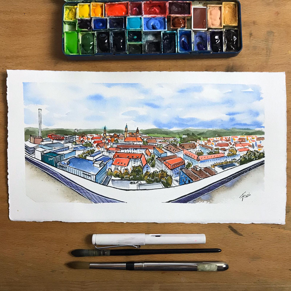 Urban sketch of Erlangen’s panoramic view from a tall building, capturing the city’s calm and beauty from a new perspective.