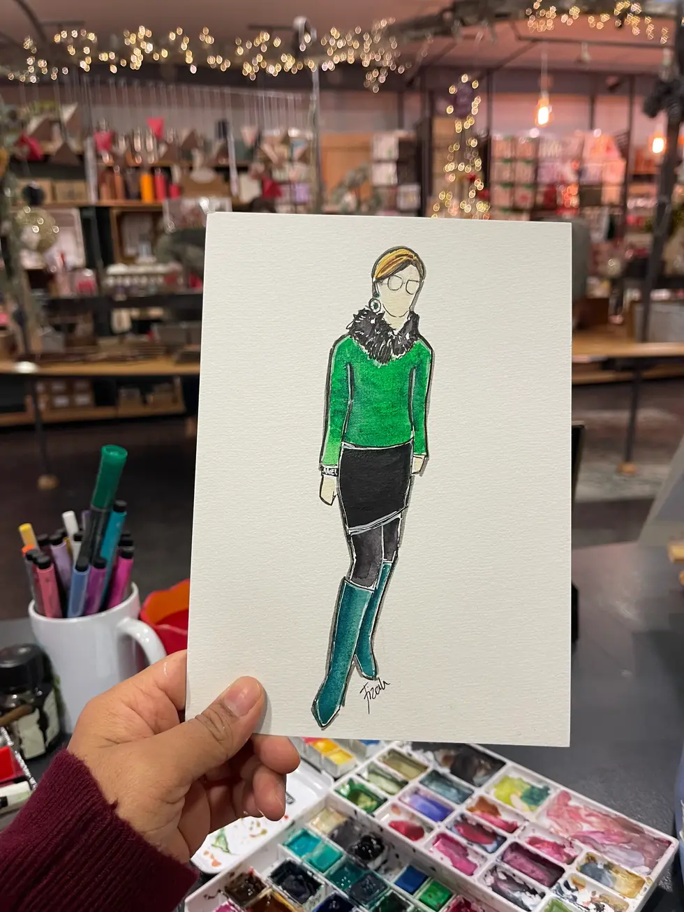 Live event artwork of a woman in a patterned sweater created by artist Hafizah in Erlangen.