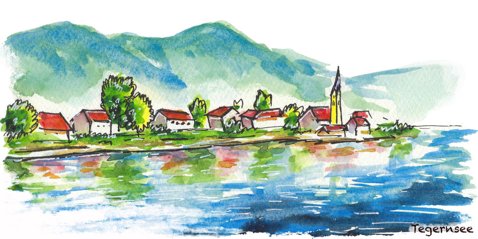 Stadtskizze in Aquarell und Tinte vom Tegernsee und der Kirche als Symbol für ein zukünftiges Familienabenteuer.