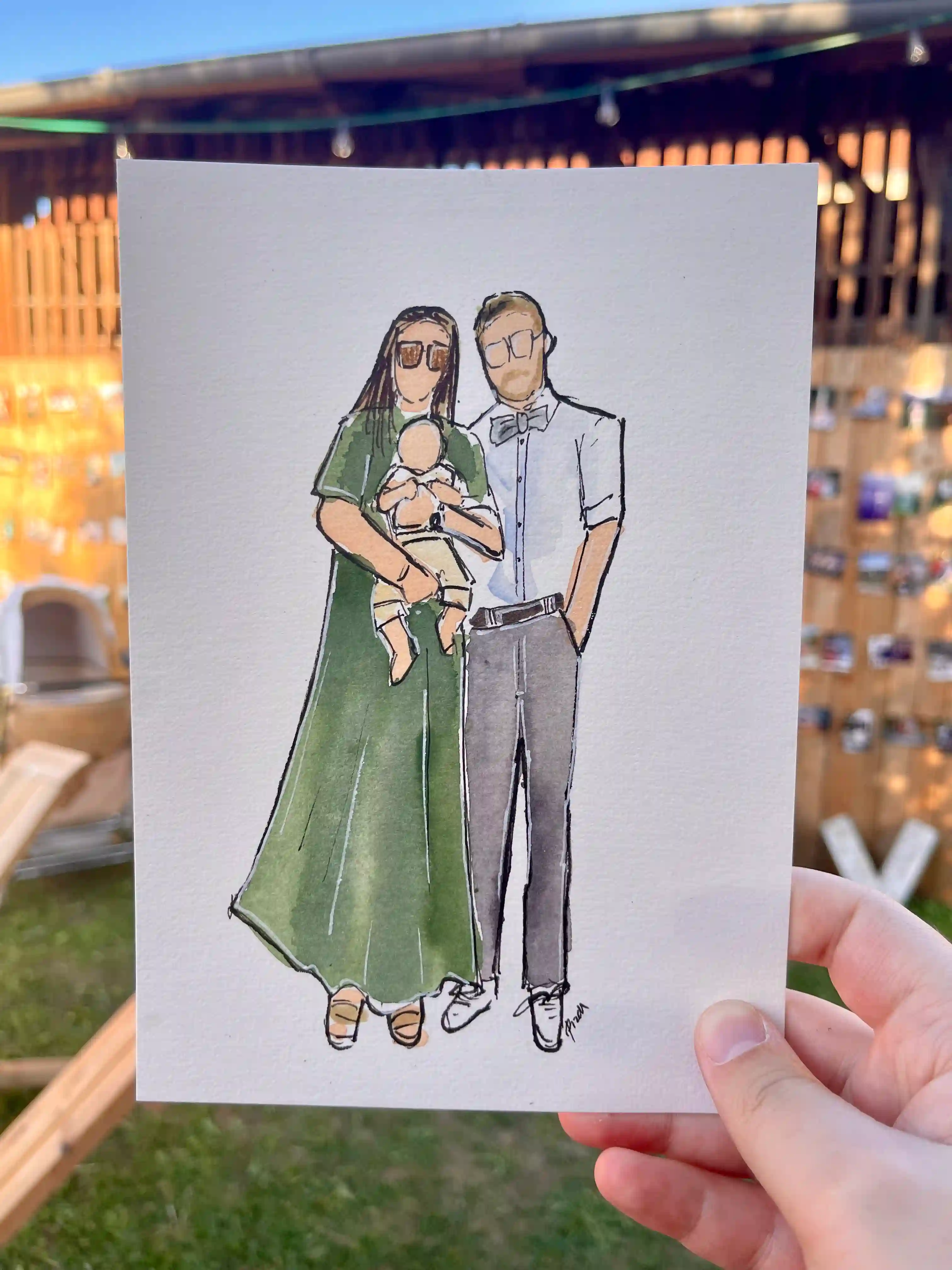 Künstlerische Illustration eines Hochzeitsgastes – Live Hochzeitszeichnung in Bayern