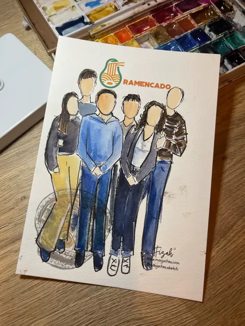 Hand-drawn group faceless illustration created live at Ramencado Erlangen by illustrator Hafizah, featuring ramen bowl and restaurant logo.