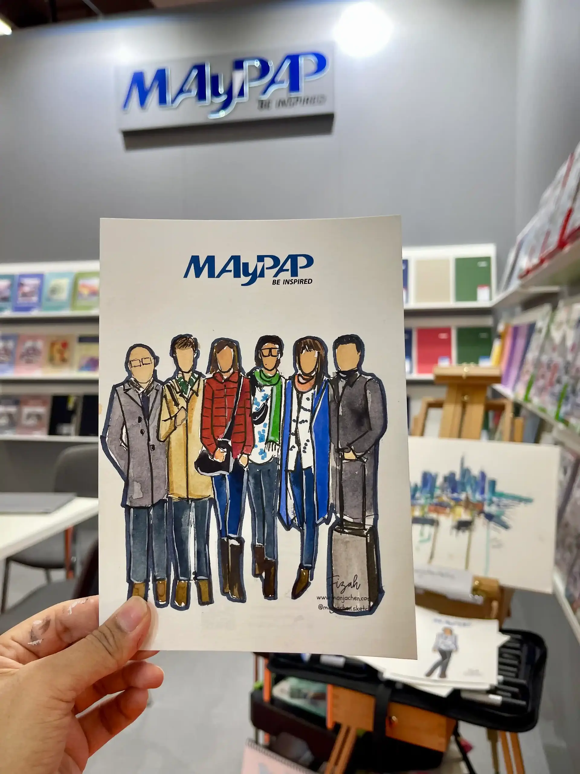 Engaging booth activation: Custom faceless portrait drawn live for a MayPap event guest.