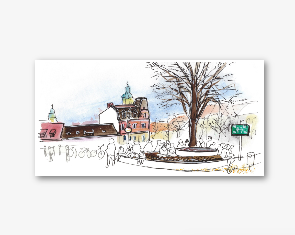 "Kaffee und Spaziergang", ein Panorama-Kunstdruck
