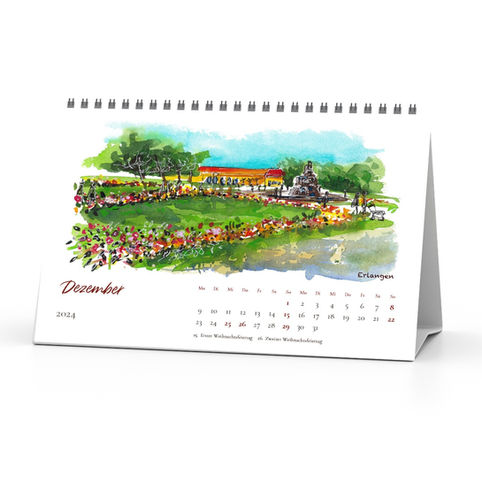 Calendar page showing urban sketch artwork of Orangerie at Schlossgarten Erlangen