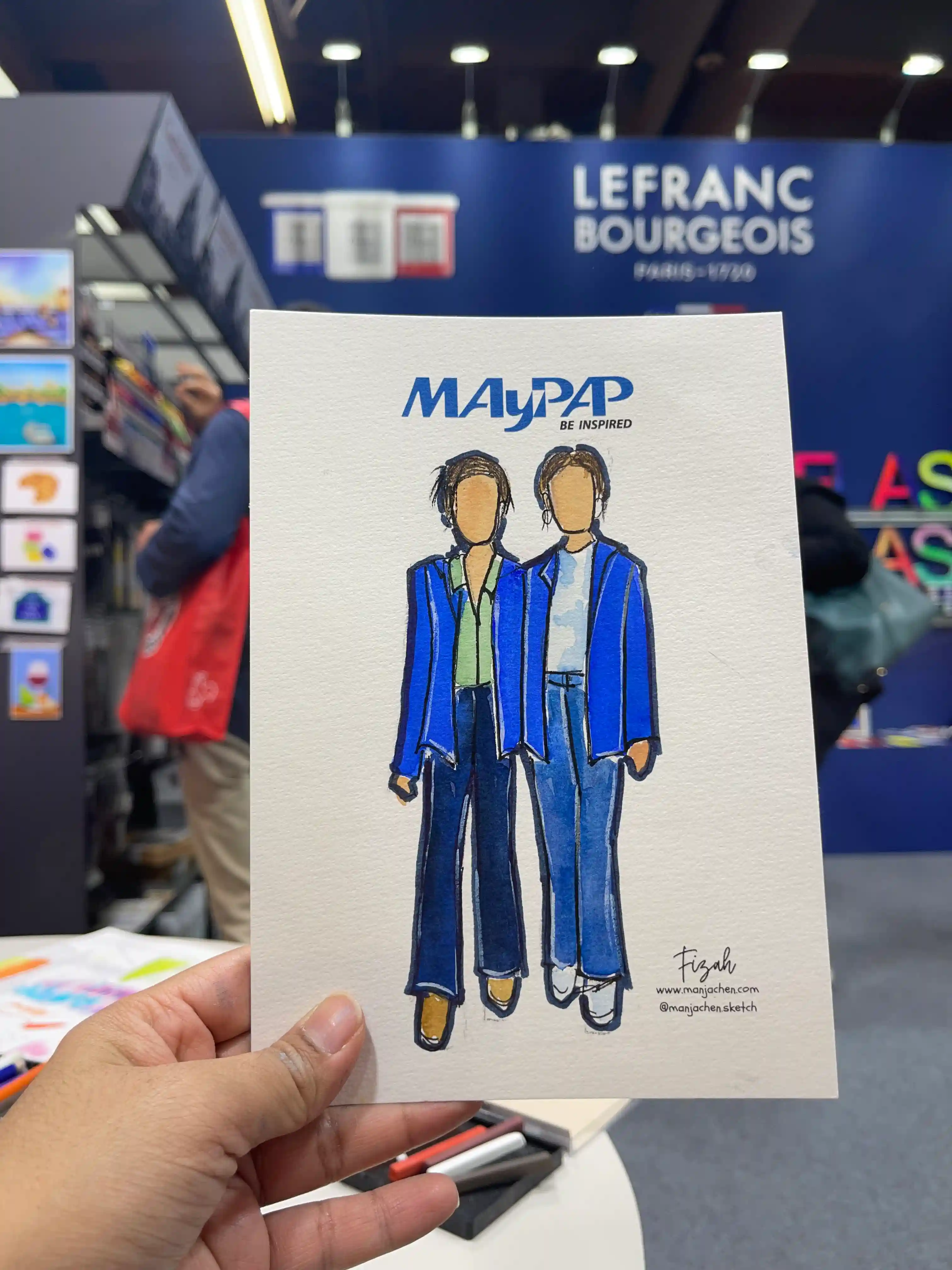 Corporate trade show entertainment featuring custom faceless portraits drawn live.