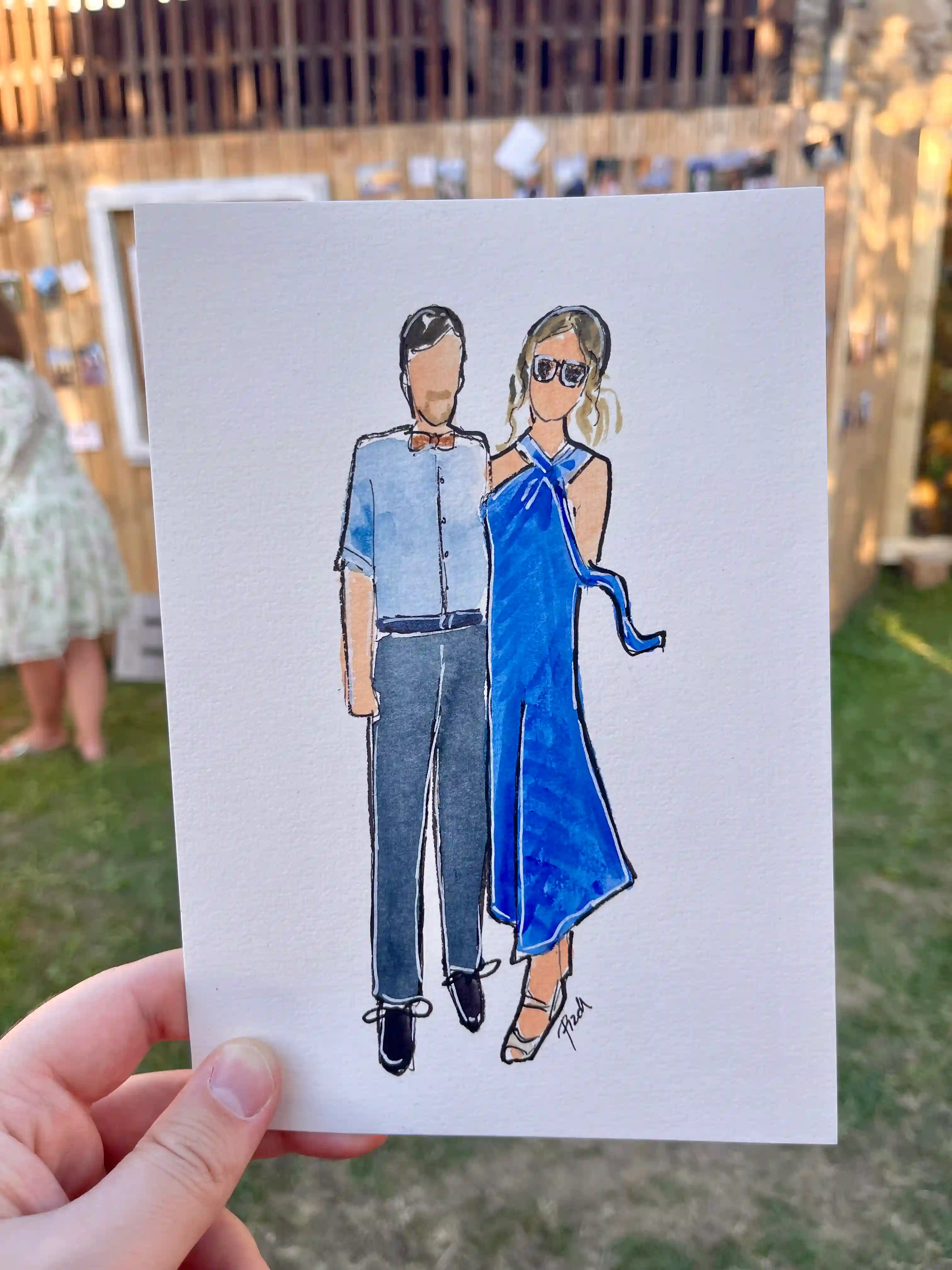 Hochzeitszeichnerin Germany – live watercolor guest sketch created during luxury wedding event.