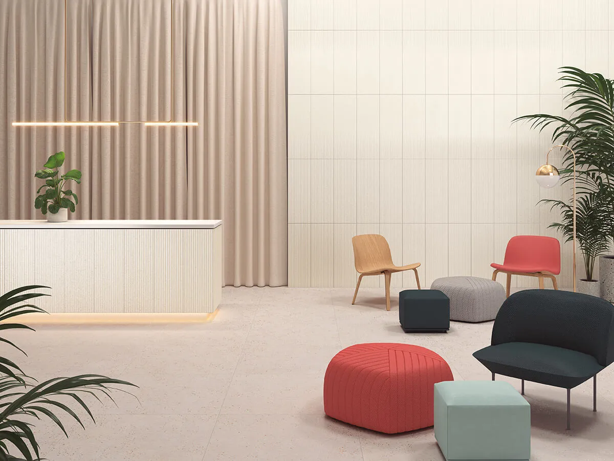 Terrazzo-style imported tiles, floor tiles, floor tiles. Commercial facility construction image