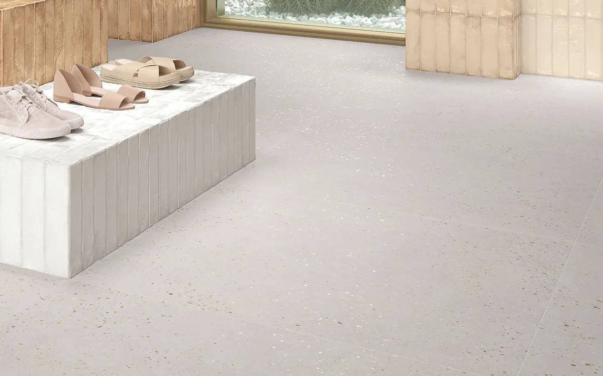 Image of store interior using imported terrazzo-style tiles