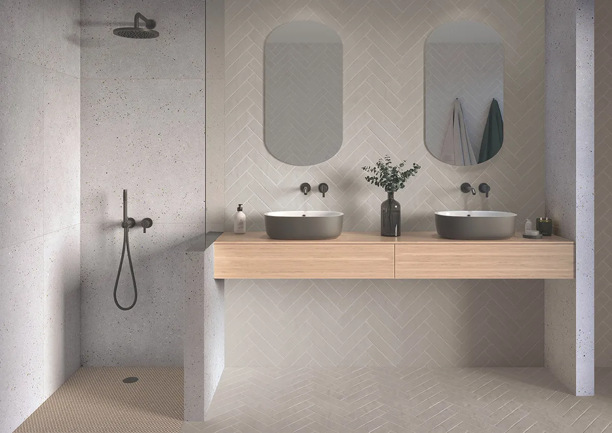 Terrazzo-style imported tiles Floor tiles Bathroom installation image