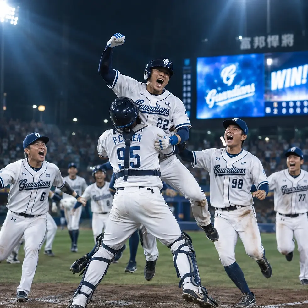 Sports photography of a professional baseball team celebrating a game victory on the field. The players are joyfully converging in a group hug under stadium lights with a scoreboard displaying 'WIN' in the background.