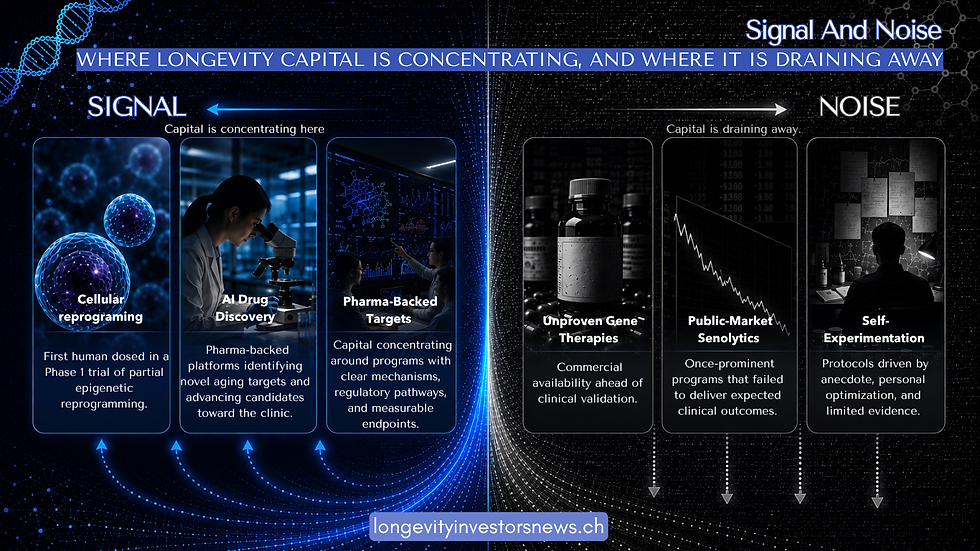 Signal versus noise chart of where longevity capital is concentrating, in reprogramming, AI drug discovery and pharma targets, and where it is draining away.