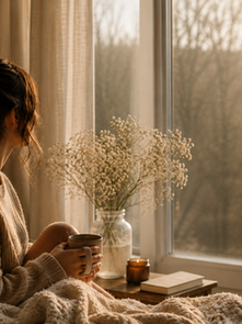 Warm neutral-toned lifestyle image of a woman sitting quietly in bed with a coffee mug, looking out a sunlit window.