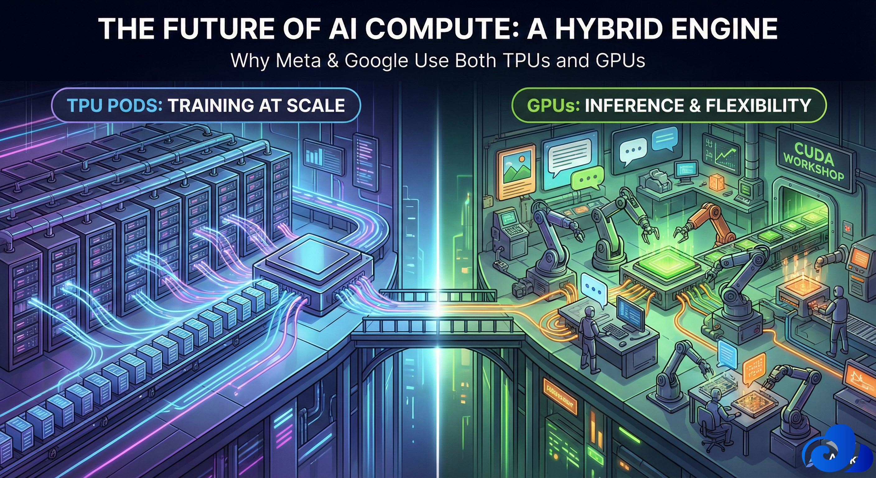 A split-screen illustration titled "The Future of AI Compute: A Hybrid Engine." The left side, colored in cool blues, depicts Google TPU pods as a massive, orderly industrial factory line labeled "Training at Scale." The right side, colored in NVIDIA-style greens, depicts GPUs as a flexible, high-tech engineering workshop labeled "Inference & Flexibility." A bridge connects the two worlds, symbolizing how Meta and Google use both architectures together. The Atsky logo appears in the corner.