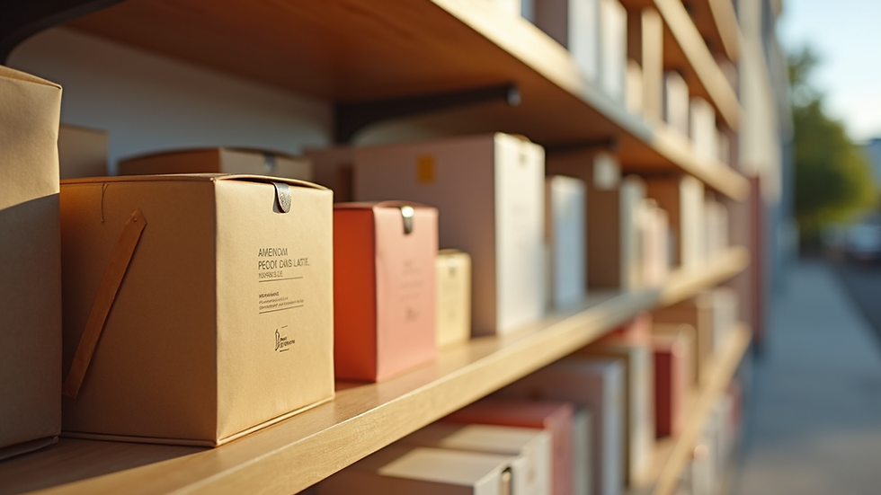 Eye-level view of a custom packaging display showcasing various product types