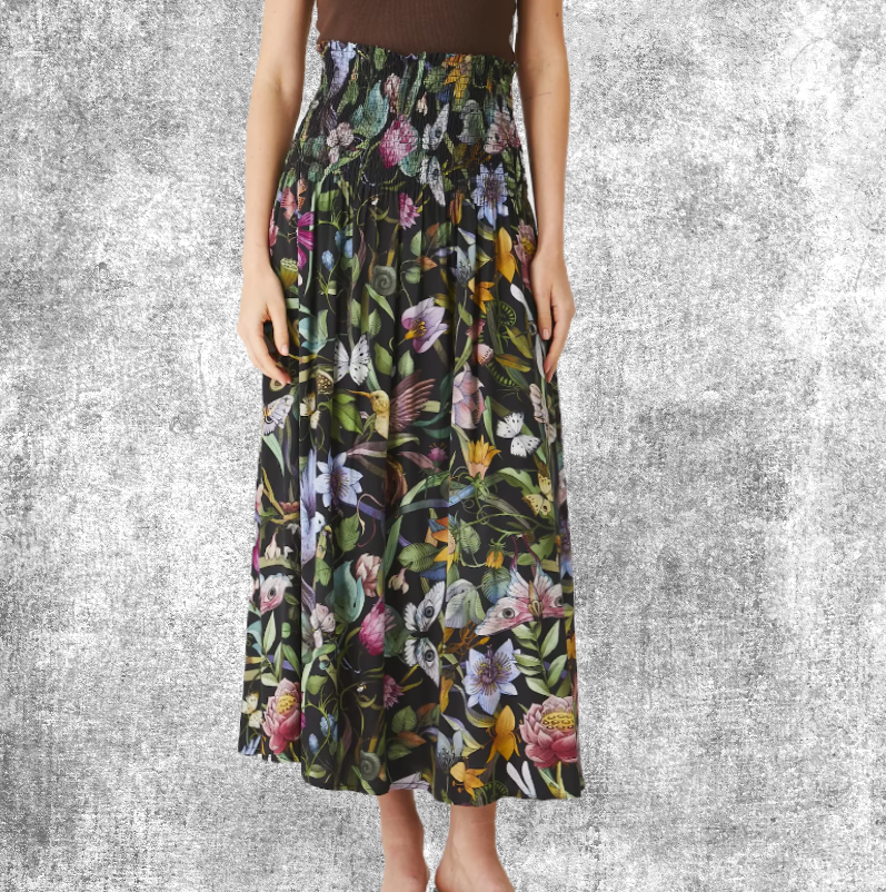 tropical forest skirt maxi black tropisch botanical floral flowers leaf bloemen bladeren lange rok fantasy style jurk dress