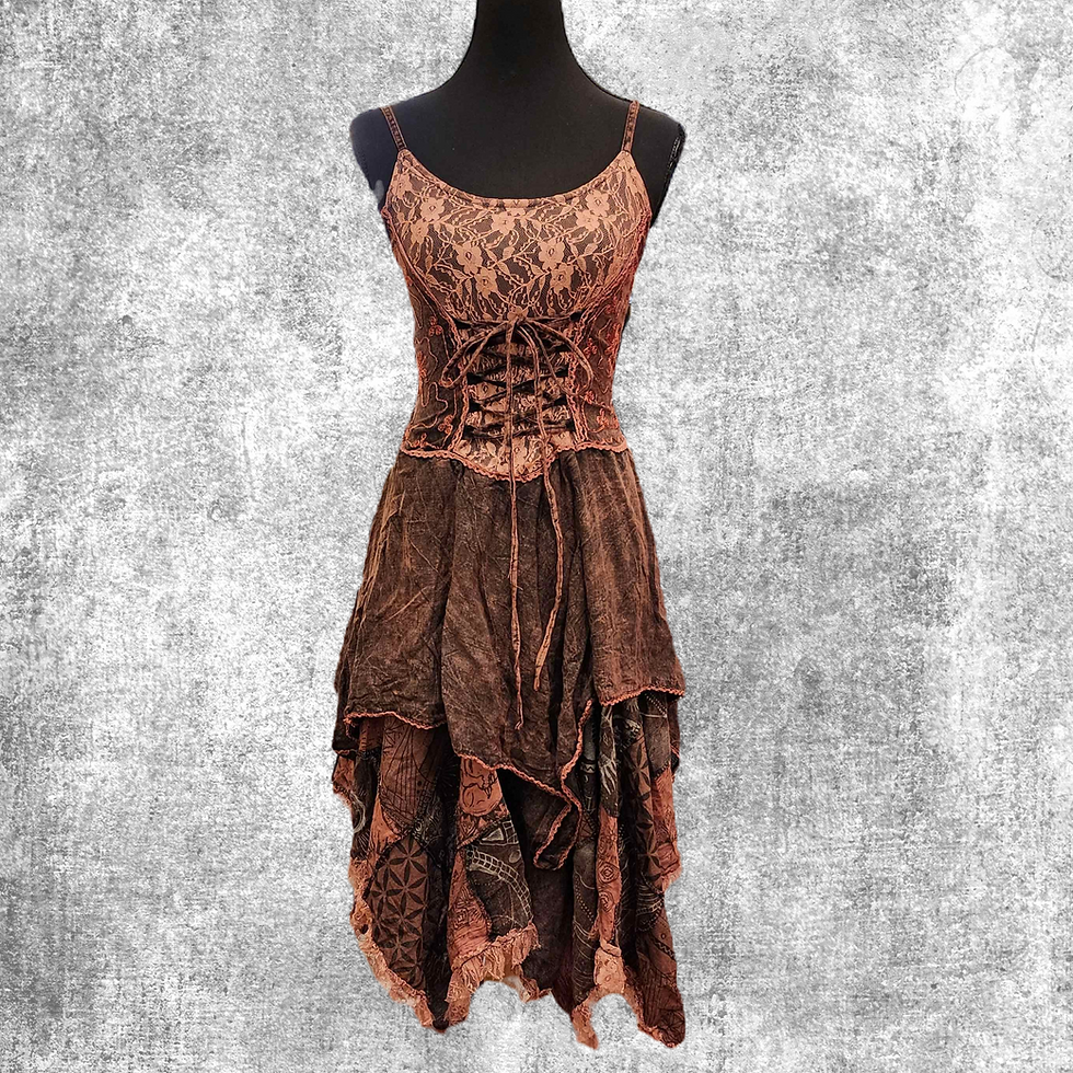Thumbnail: Brown witchy summer dress bruine heksige elfenjurk zomerjurk hippy boho gypsy 100% cotton katoen