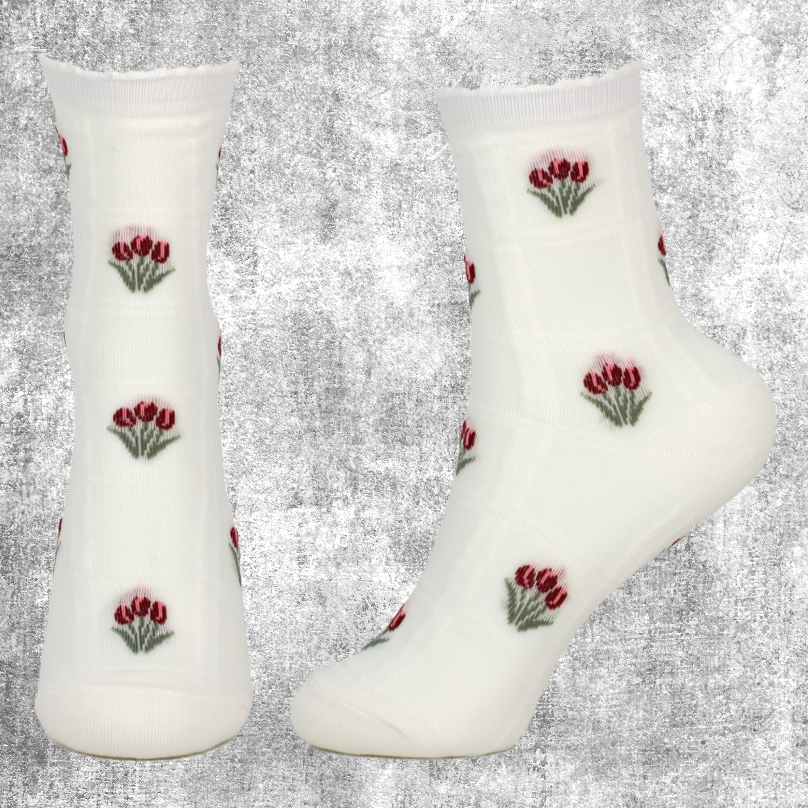 socks sheer tulips white sokken wit rode tulpen tulp fantasy-shop-winkel