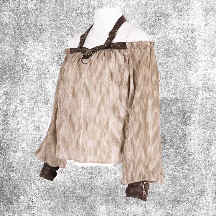 Thumbnail: Simoon Top women's Steampunk brown relaxed fit top with long-sleeves, off shoulder neckline and faux leather detailing