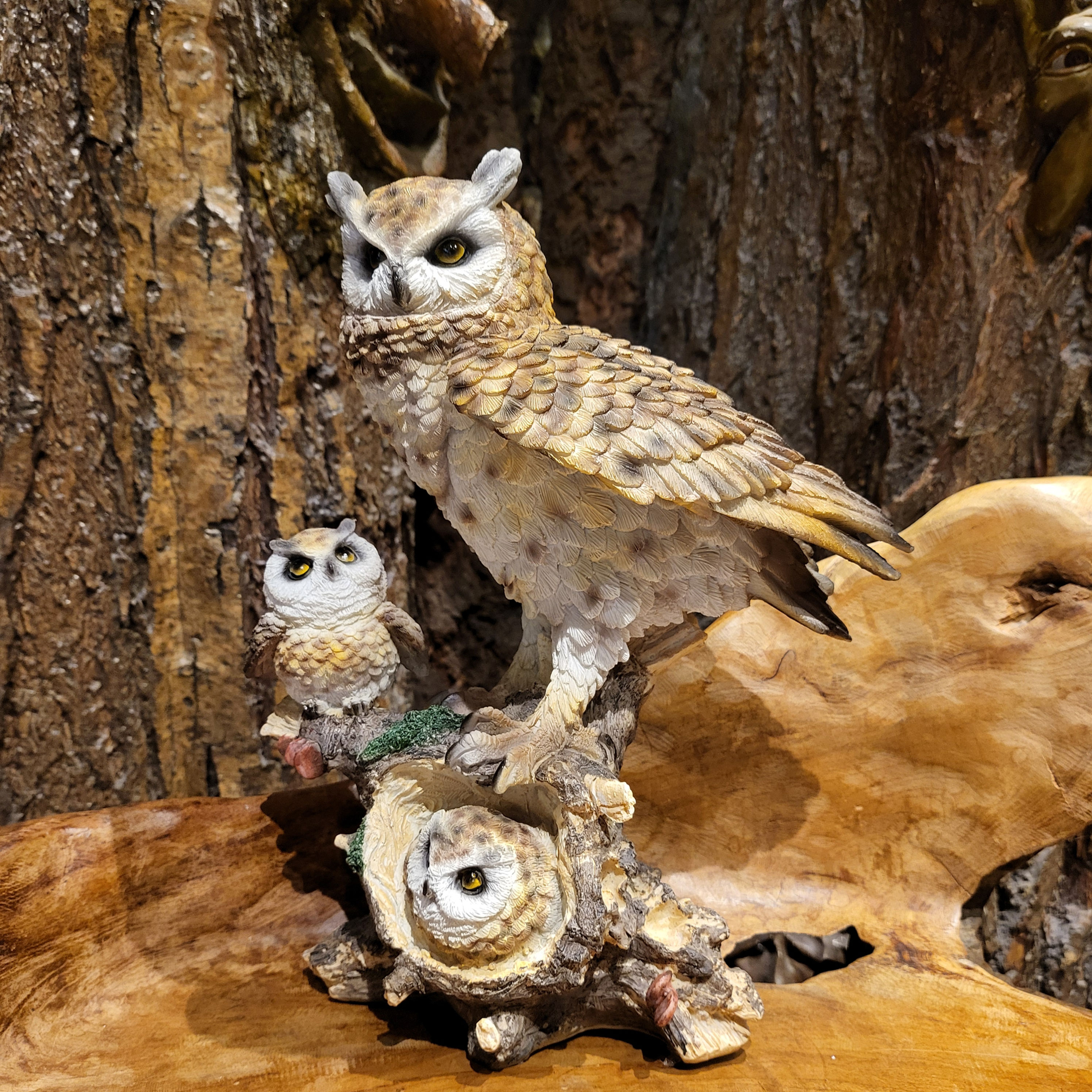 barn owl family tree branch forest creature animal fantasy statue