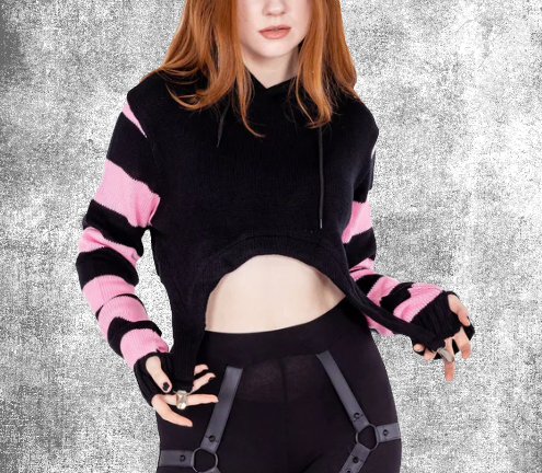Thumbnail: pink black white striped crop top kitty hood ears knittes sweater alternative clothing alternatieve kleding