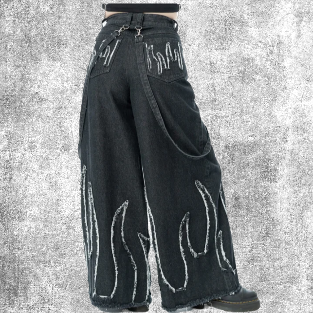 flame jeans wide pipes bottoms punk goth gothic fashion clothing fanasy fire aflame ablaze