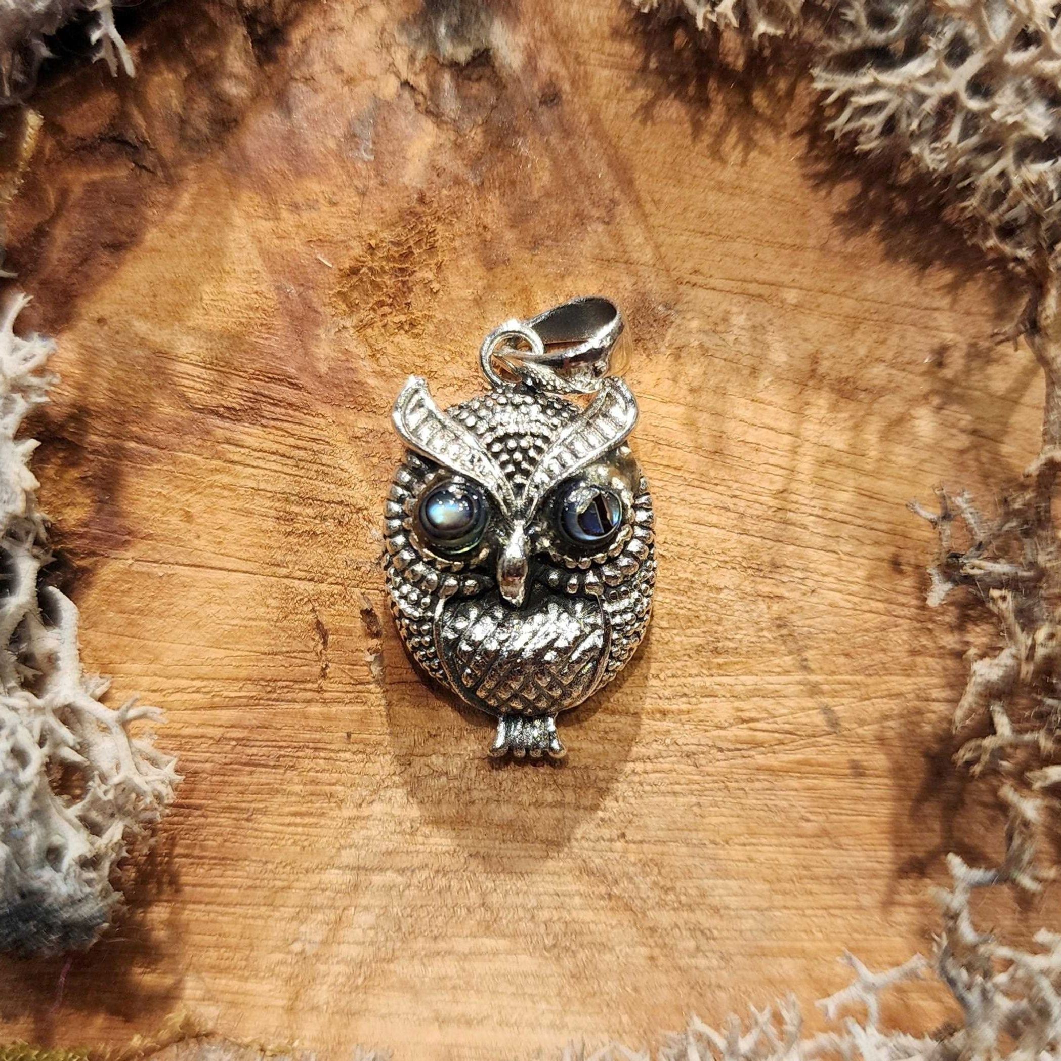 abalone silver pendant necklace owl fantasy wicca pagan witchy