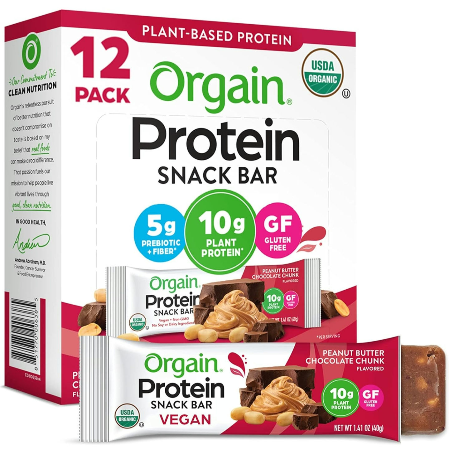 Orgain Organic Vegan Protein Bars, PB Chocoalte Chunk 1.41oz 12ct