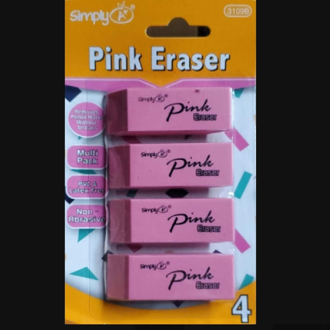 Simply A + Pink Erasors 4 Count Pack