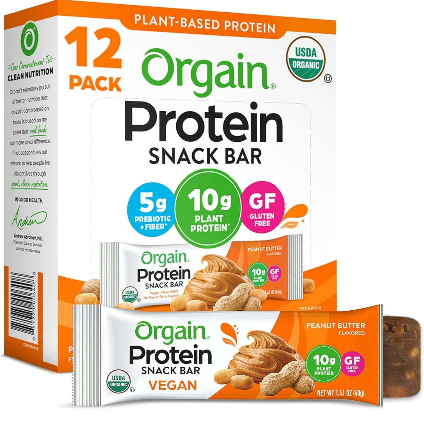 Orgain Organic Vegan Protein Bars, Peanut Butter 1.41oz 12ct