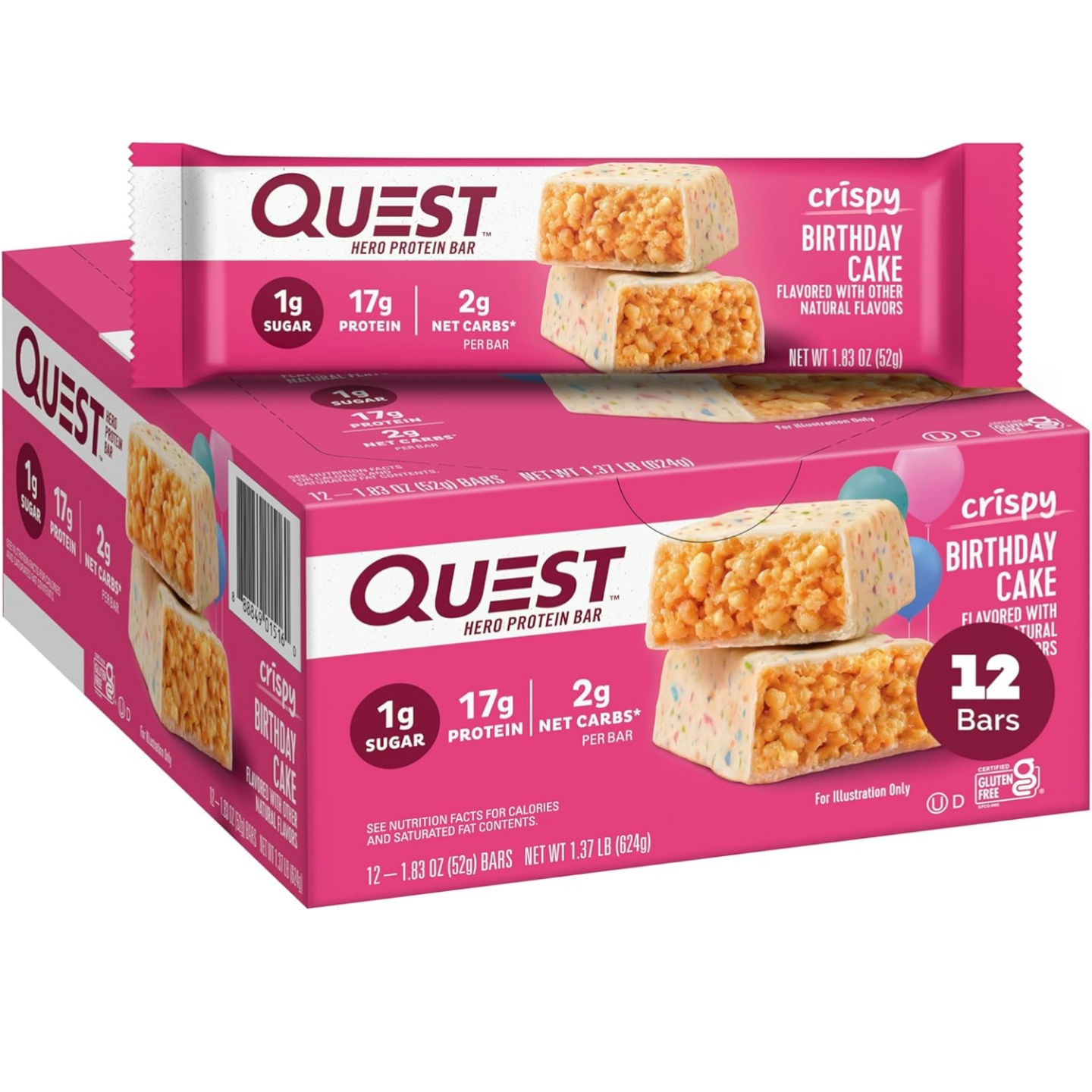 Quest Nutrition Crispy Birthday Cake Hero Protein Bar, 1.83 Oz 12 Count
