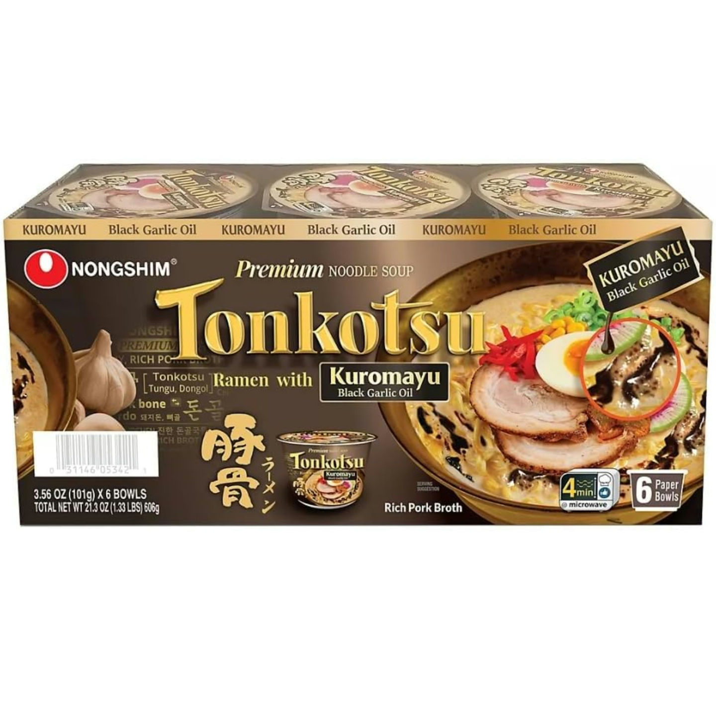 Nongshim Tonkotsu Ramen Premium Noodle Soup,Rich Pork 3.56 oz 6 Count