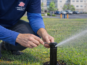 Worker adjusting a sprinkler head in a grassy area while water sprays across the lawn.