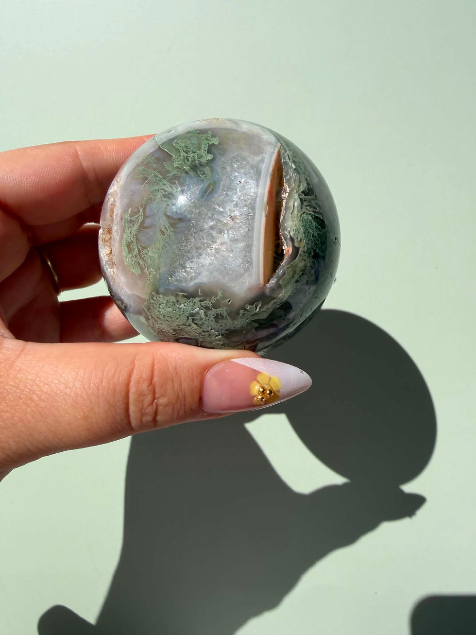 Thumbnail: Moss Agate Sphere with Druzy Pockets #1