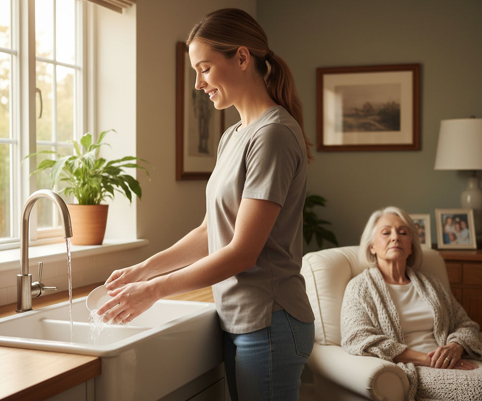 a younger woman doing dishes for an elderly woman resting