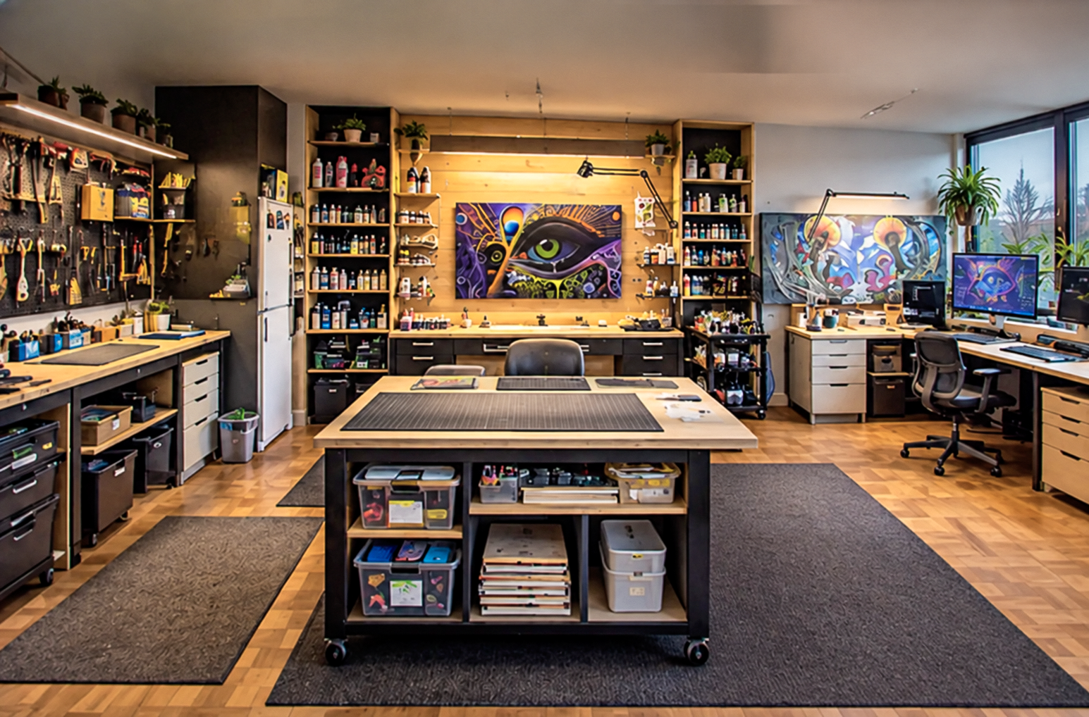 Jaret Pollard’s working studio with paintings, tools and material shelves