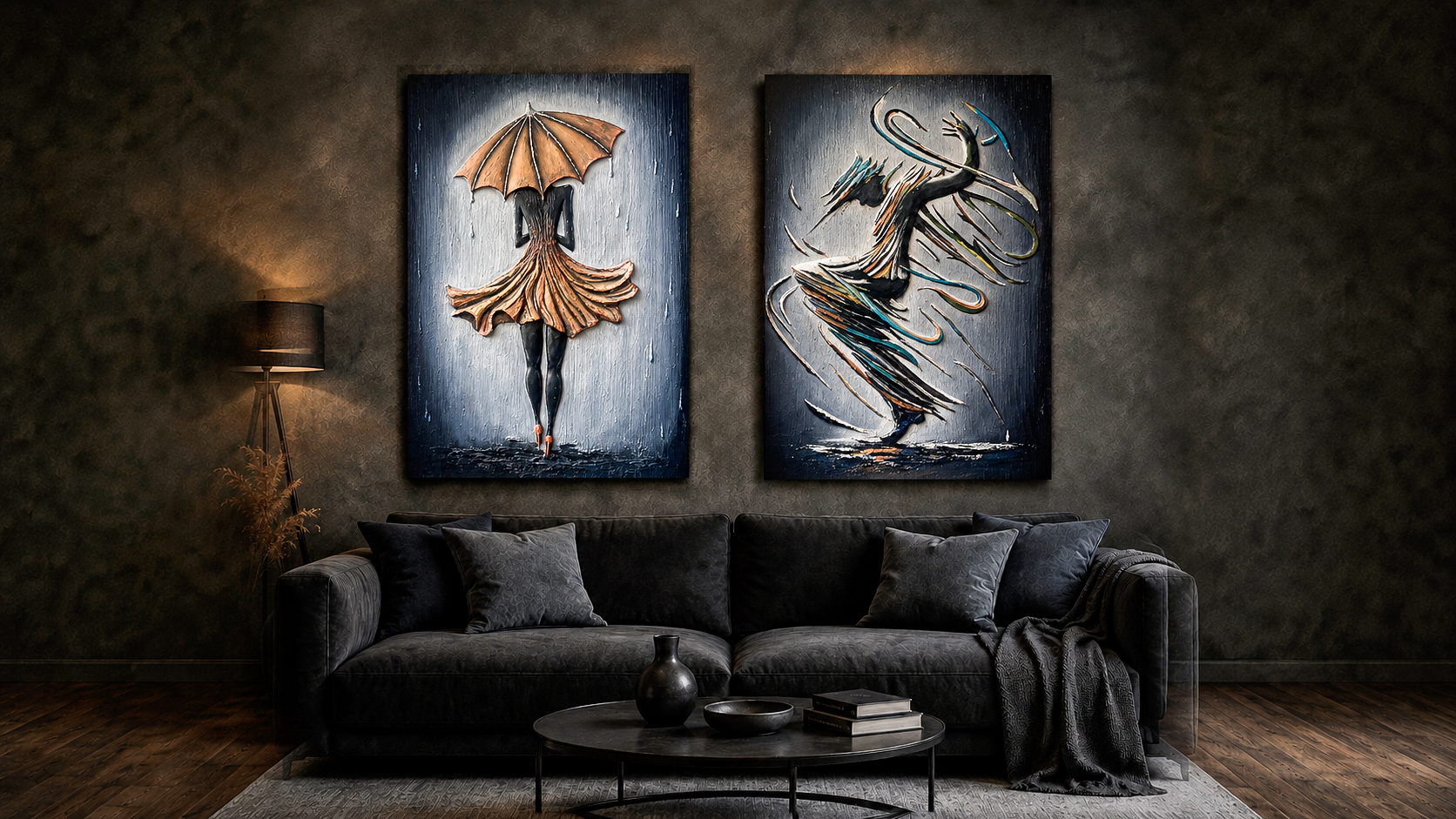 Finished Rain umbrella and companion bas-reliefs installed above a dark contemporary sofa