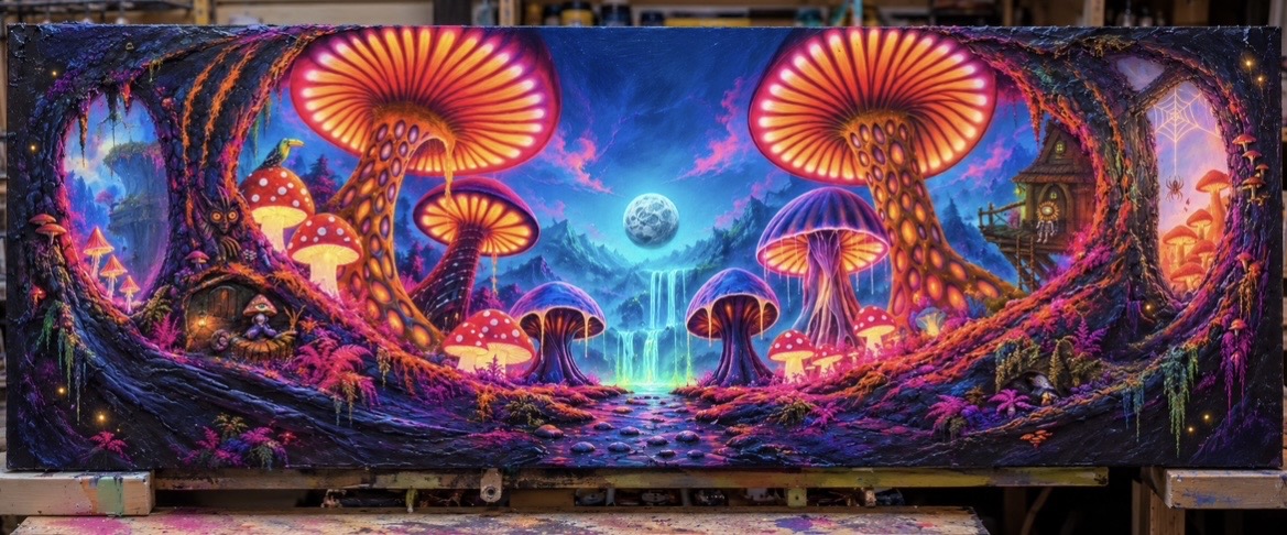 Mushroom Forest by Jaret Pollard — a panoramic landscape of luminous mushrooms, woodland and waterfalls