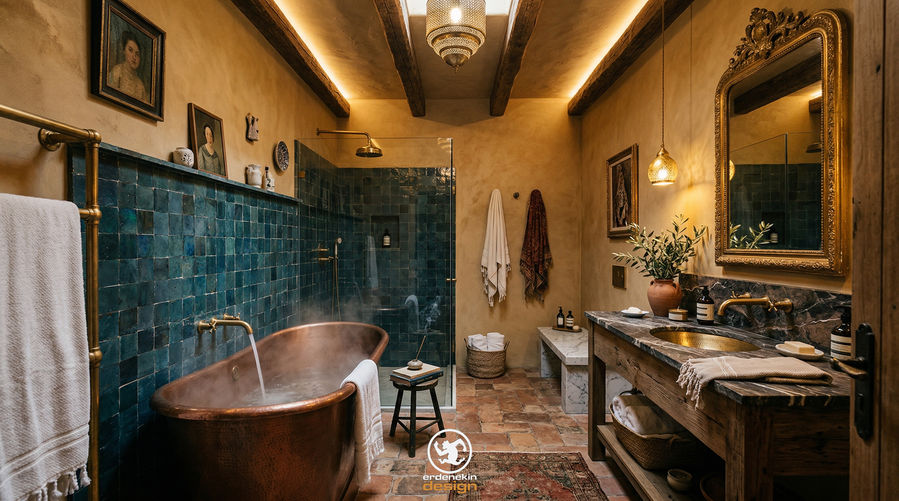 Turkuaz duvar seramikleri, buharı tüten bakır bir küvet, ahşap tavan kirişleri ve mermer tezgahlı şık bir banyo tasarımı.