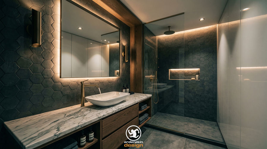 Koyu gri altıgen duvar karoları, mermer tezgah ve gizli aydınlatmalı aynaya sahip modern lüks banyo.