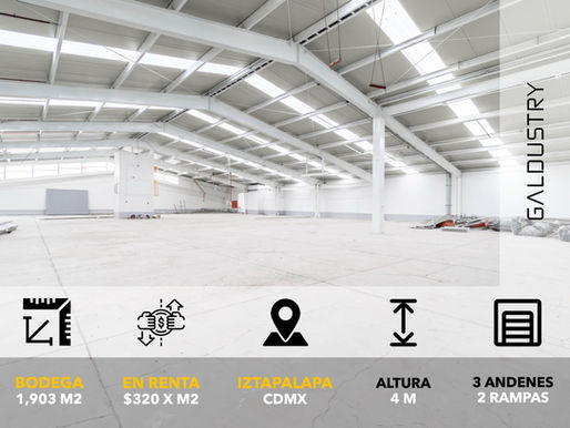 BODEGA EN RENTA EN IZTAPALAPA DE 1,903 m2 desde $320 x m2, 3 andenes equipados, 2 rampas de acceso.