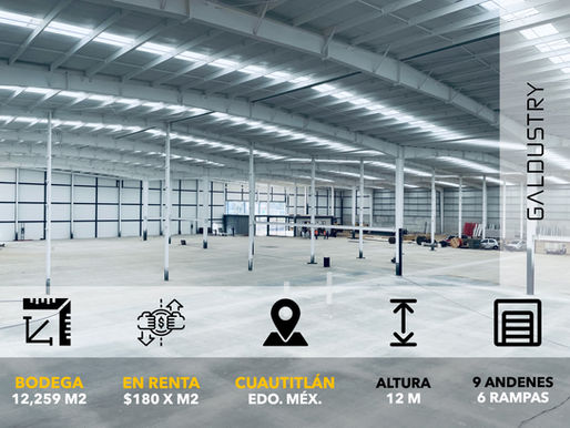 BODEGA EN RENTA EN CUAUTITLÁN DE 12,259 m2 desde $180 x m2, 9 andenes equipados + rampas.