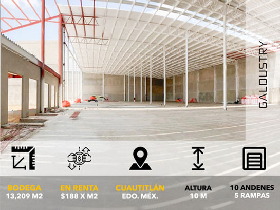 BODEGA EN RENTA EN CUAUTITLÁN DE 13,209 m2 desde $188 x m2, 10 andenes equipados + 5 rampas de acceso.